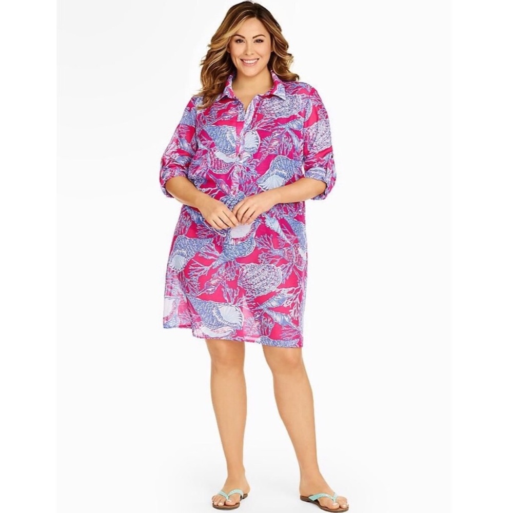 Talbots pink & blue seashell sheer swim beach coverup 3X
